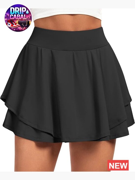 Pants - Pleated Tennis Skort with Pockets Double Ruffle Athletic Skirt Tummy Control